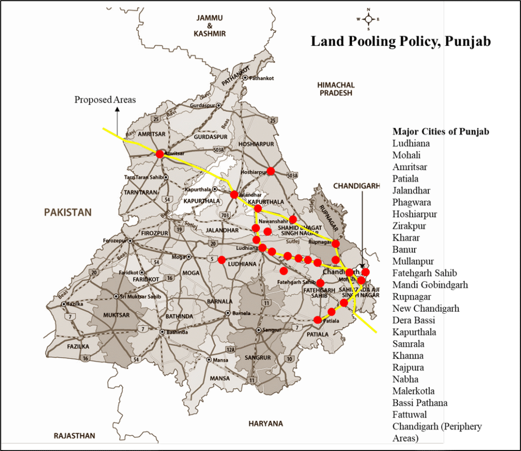 Map of Punjab showing proposed land pooling areas marked with red points across major urban regions.