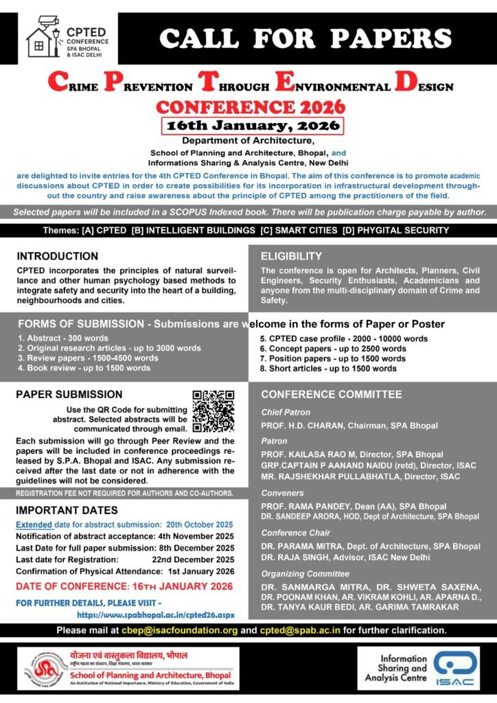 Poster of CPTED Conference 2026 organized by SPA Bhopal and ISAC New Delhi, announcing call for papers and event details.