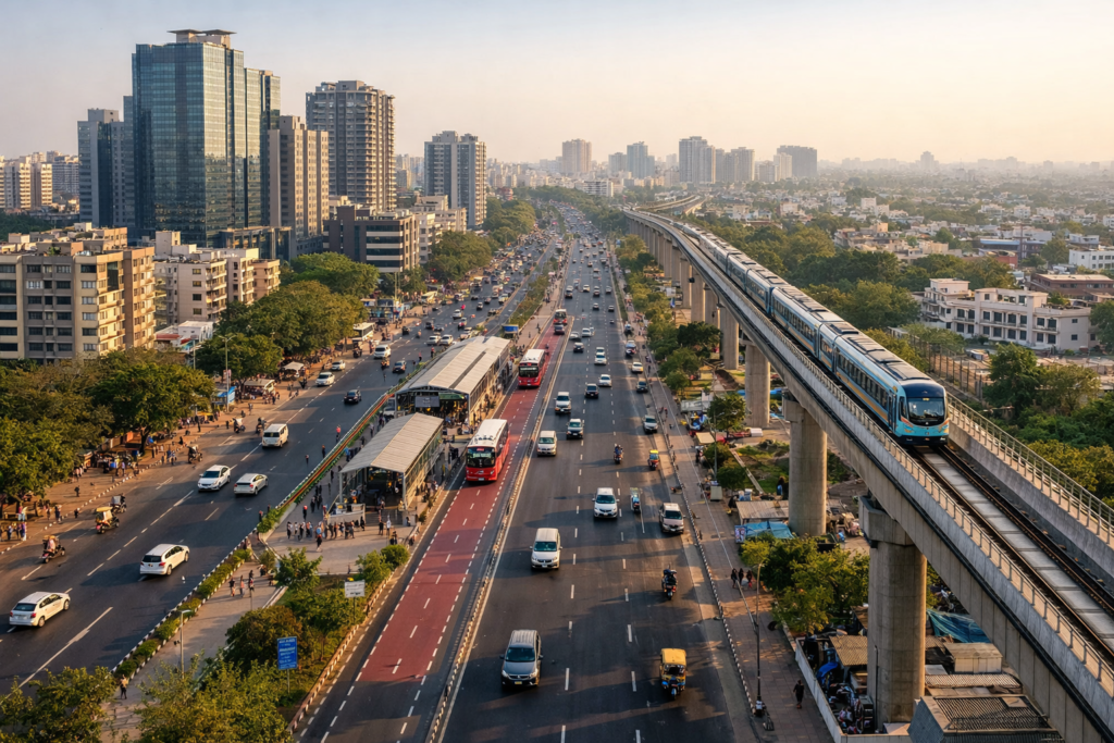 Aerial view of an Ahmedabad arterial corridor with BRTS and metro infrastructure, representing the city’s expanding Transit Oriented Zone (TOZ) development approved by AUDA.