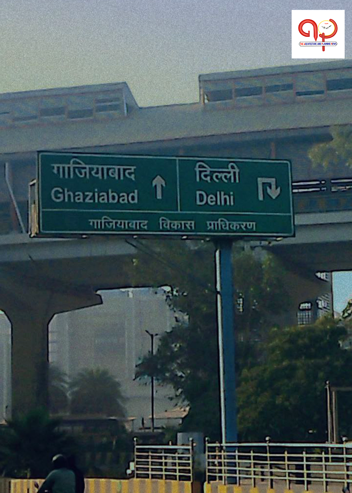 Road signage indicating directions to Ghaziabad and Delhi on the Delhi–Ghaziabad corridor, highlighting a key urban transport route in the NCR region.
