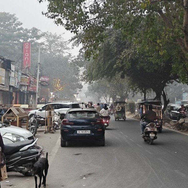 Vehicular traffic on a tree-lined street in Delhi-NCR with cars, motorcycles, and auto-rickshaws moving through visible smog, highlighting urban air pollution conditions.