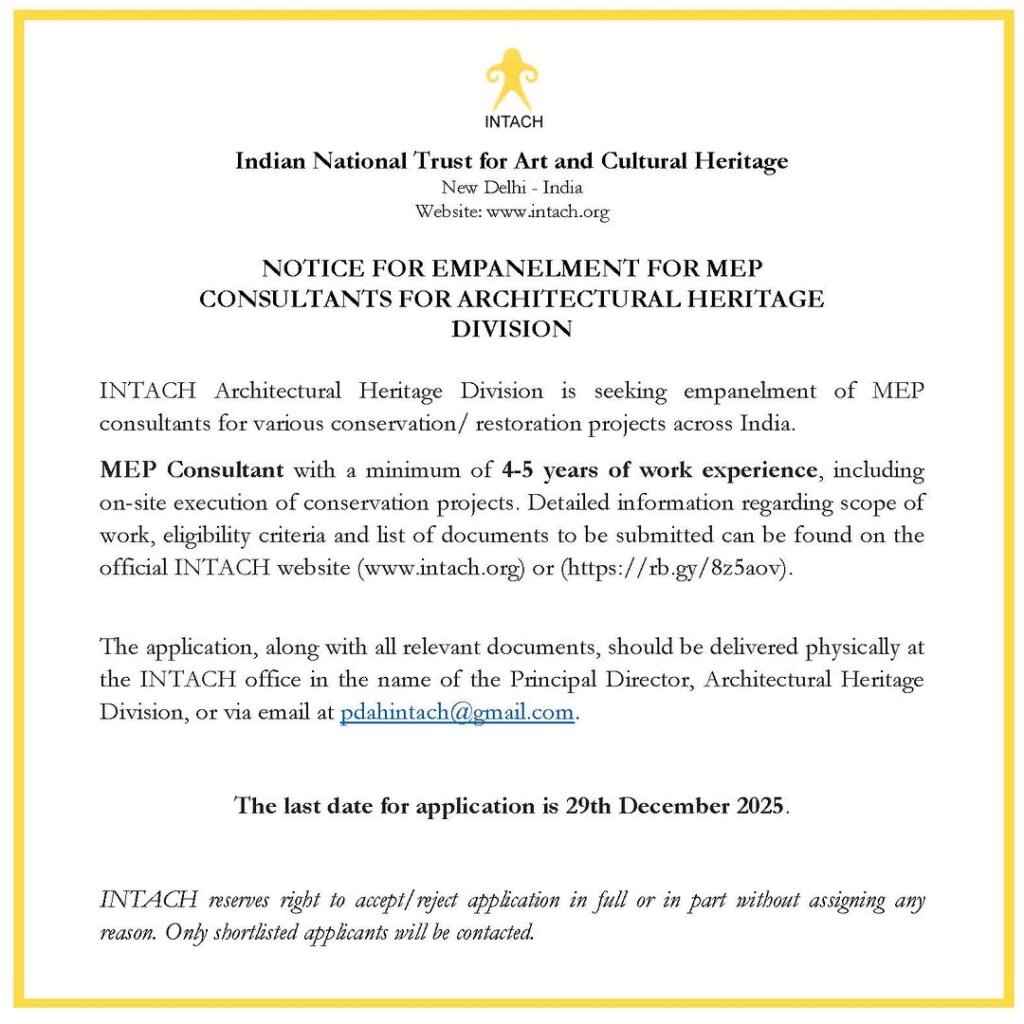 INTACH notice inviting applications for empanelment of MEP consultants for architectural heritage projects
