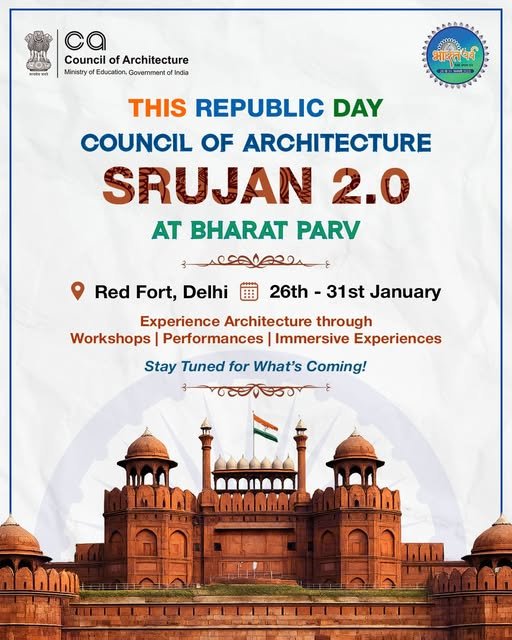 Poster announcing Council of Architecture’s Srujan 2.0 event at Bharat Parv, Red Fort, Delhi, during Republic Day celebrations