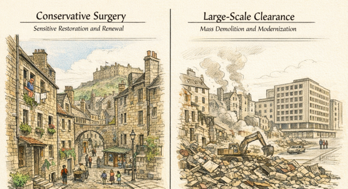 Before–after illustrations of Old Town Edinburgh, illustrating “conservative surgery” versus large-scale clearance.
