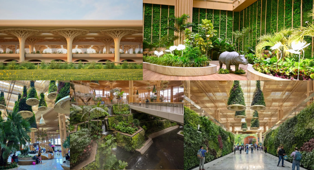 Interior views of Guwahati International Airport Terminal 2 featuring landscaped sky gardens, vertical green walls, water features, and bamboo-inspired structural elements enhancing passenger experience.