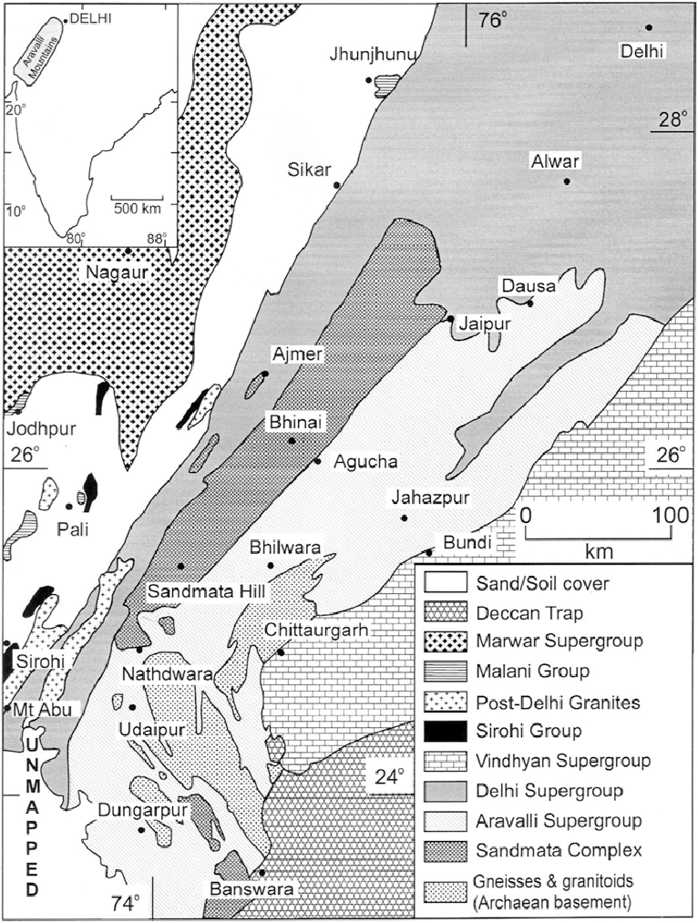 Generalized geological map of the Aravalli Mountain Range showing rock formations, supergroups, and regional extent across Rajasthan and adjoining areas