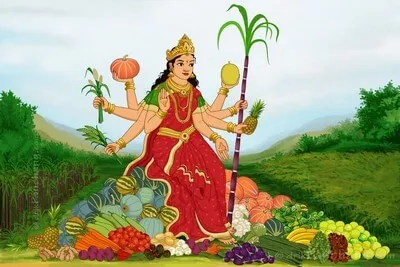 Illustration of Maa Shakambhari holding crops and vegetables, symbolising nourishment, food security, and protection of nature