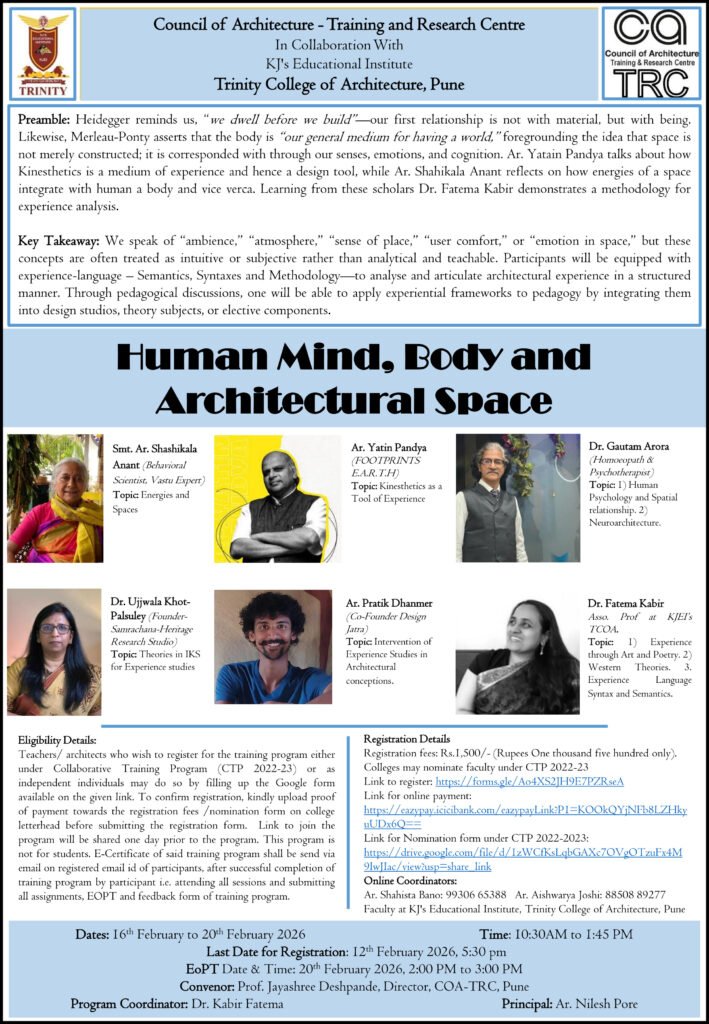 Human Mind, Body and Architectural Space faculty training program by COA-TRC and Trinity College of Architecture Pune