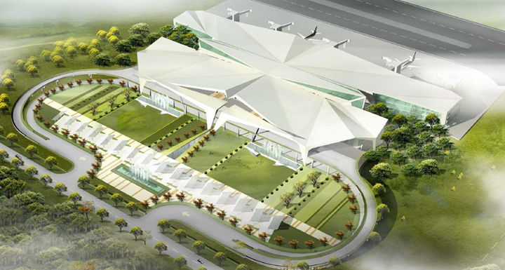 Aerial view of Guwahati International Airport Terminal 2 highlighting climate-responsive roof geometry, landscaped forecourt, and integration with the surrounding environment.