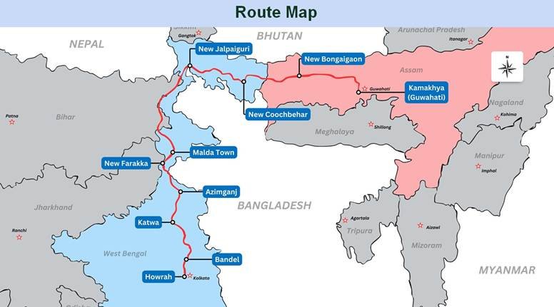 Route map showing the Guwahati and Howrah corridor of India’s first Vande Bharat Sleeper Train passing through Assam and West Bengal