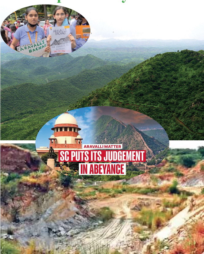 Aravalli hills with protest visuals and Supreme Court of India imagery highlighting the environmental debate and legal review on Aravalli protection