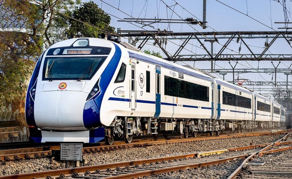 Vande Bharat Express semi-high-speed train operating on Indian Railways network near Mumbai