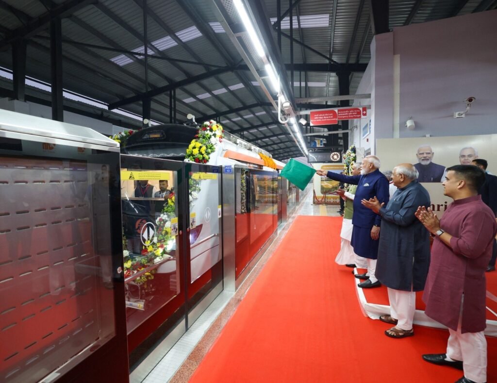 Prime Minister flags off the remaining stretch of Phase 2 of Ahmedabad Metro at an elevated station, marking inauguration of the Sector 10A to Mahatma Mandir corridor in Gujarat.
