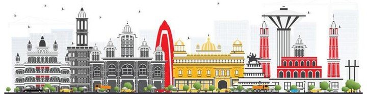 Illustrated skyline of Amritsar showcasing heritage architecture, including the Golden Temple precinct and historic urban landmarks, representing the city’s cultural and urban identity.