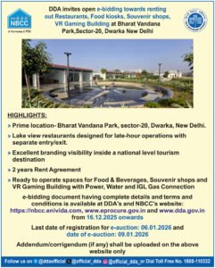 DDA Invites E-Bidding for Restaurants, Food Kiosks and VR Gaming Units at Bharat Vandana Park, Dwarka