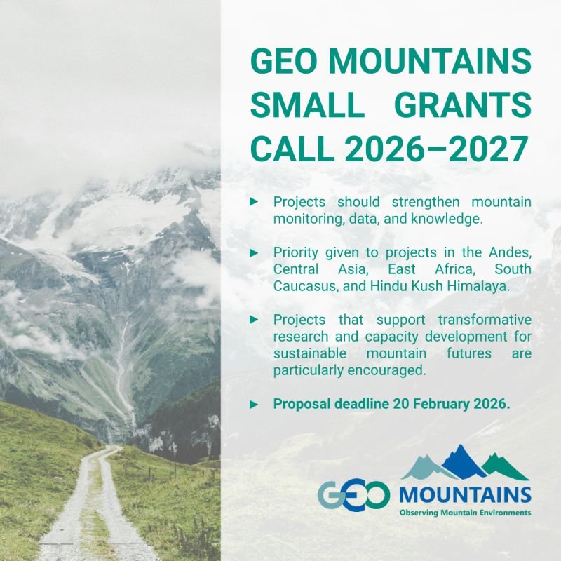 GEO Mountains Small Data Grants Call 2026–2027 supporting mountain monitoring and data projects in priority regions including the Hindu Kush Himalaya.