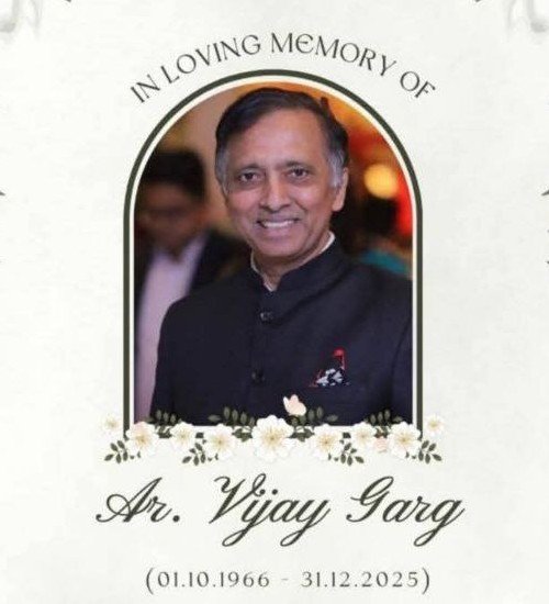In memoriam portrait of Prof. Vijay Garg, former President of the Council of Architecture, India (1966–2025)