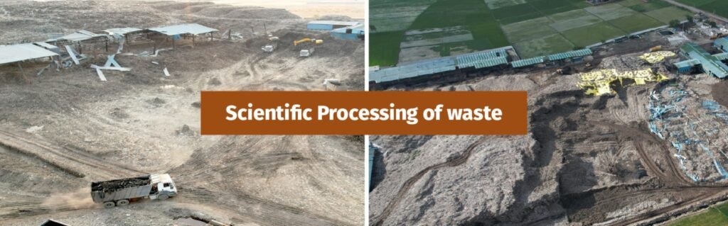 Aerial view of Shivari Solid Waste Management Plant in Lucknow showing scientific waste processing and reclaimed landfill area after transformation into a zero fresh waste dump site.
