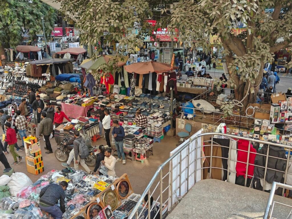 Street vendors and informal commerce operating under tree cover in Nehru Place public space, Delhi