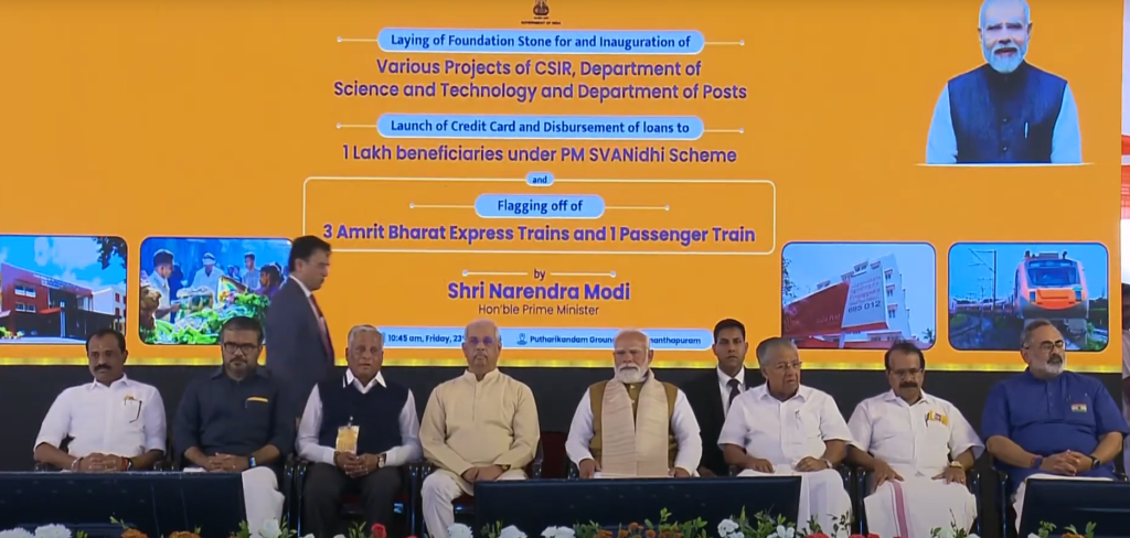 Prime Minister Narendra Modi during the inauguration and foundation stone laying ceremony for rail, innovation and urban development projects in Thiruvananthapuram, Kerala