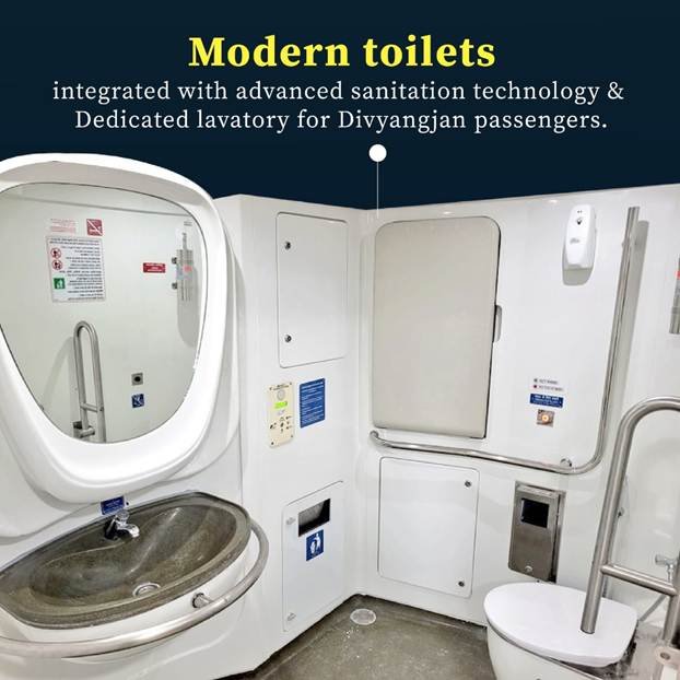 Interior view of modern toilet inside Vande Bharat Sleeper Train featuring advanced sanitation systems and Divyangjan-friendly design