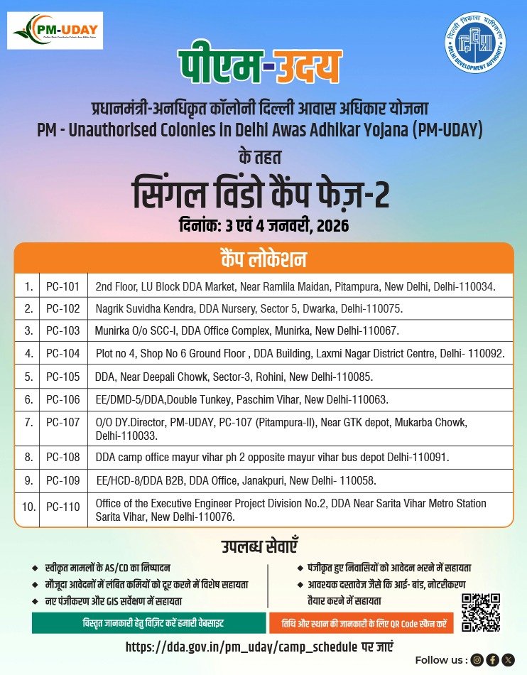PM-UDAY Phase-2 Single Window Camp schedule and locations across Delhi announced by DDA