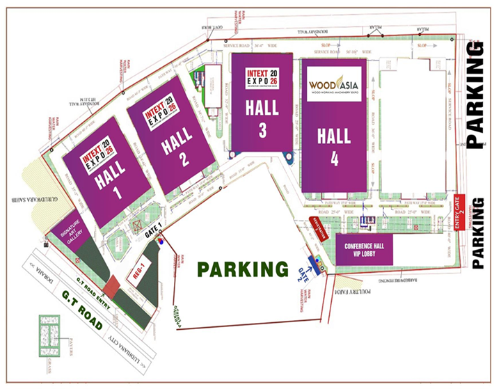 Site layout of INTEXT Expo 2026 at Ludhiana Exhibition Centre showing halls, conference area and parking zones