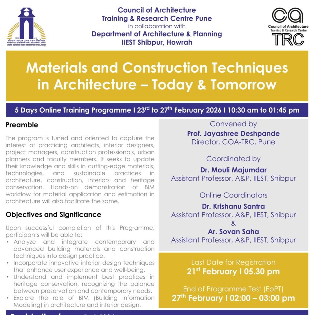 COA TRC Pune and IIEST Shibpur 5-day online training on materials and construction techniques in architecture February 2026