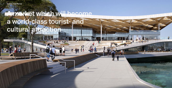 Public plaza at the new Sydney Fish Market featuring stepped seating, glazed market halls, and the timber canopy roof designed by 3XN, opening to Sydney Harbour.
