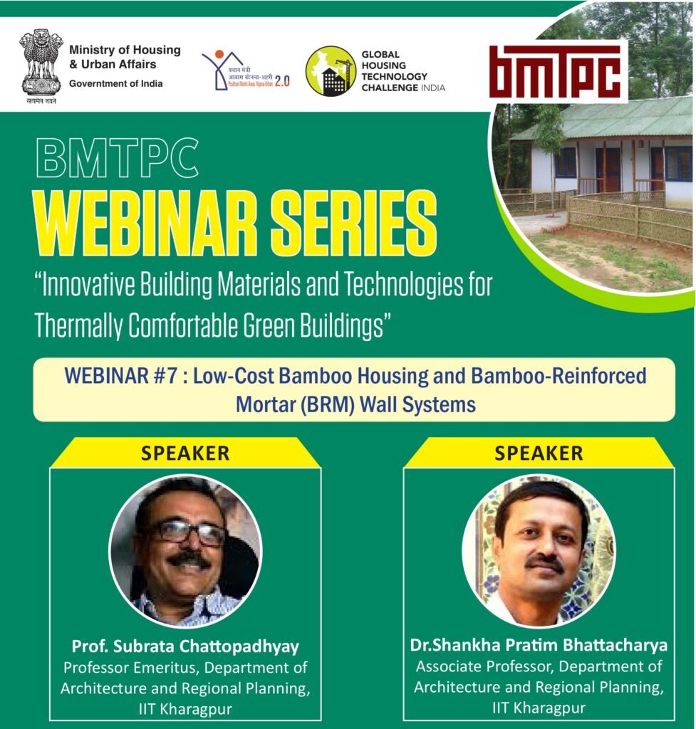 BMTPC Webinar Series banner on innovative building materials featuring low-cost bamboo housing systems
