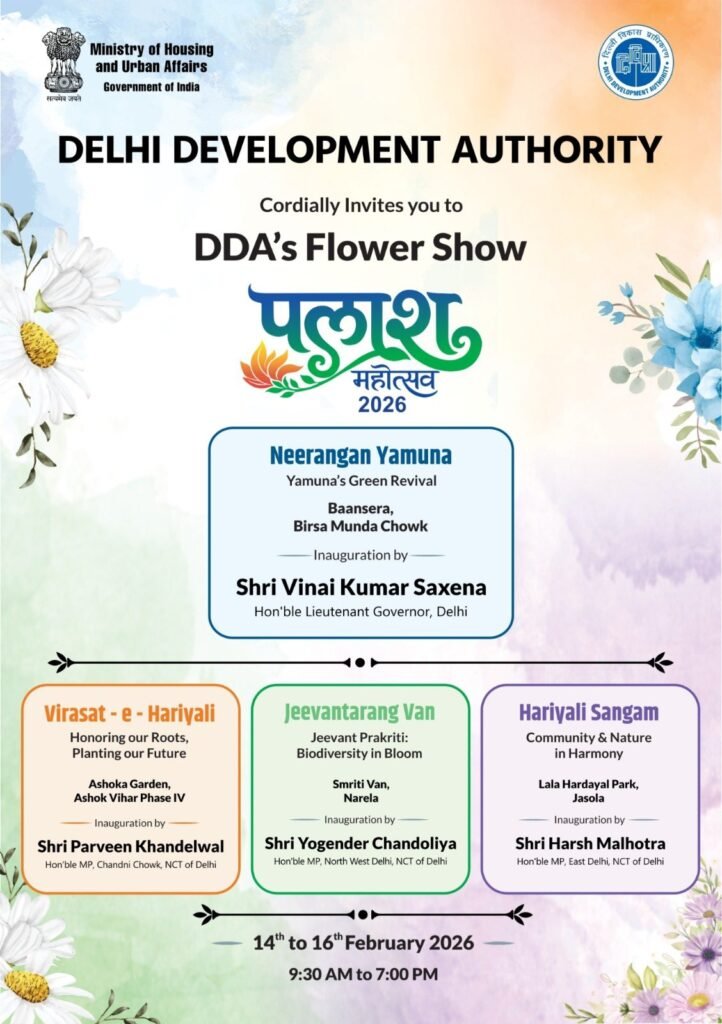 DDA Flower Show Palash Mahotsav 2026 showcasing themed gardens across Delhi parks