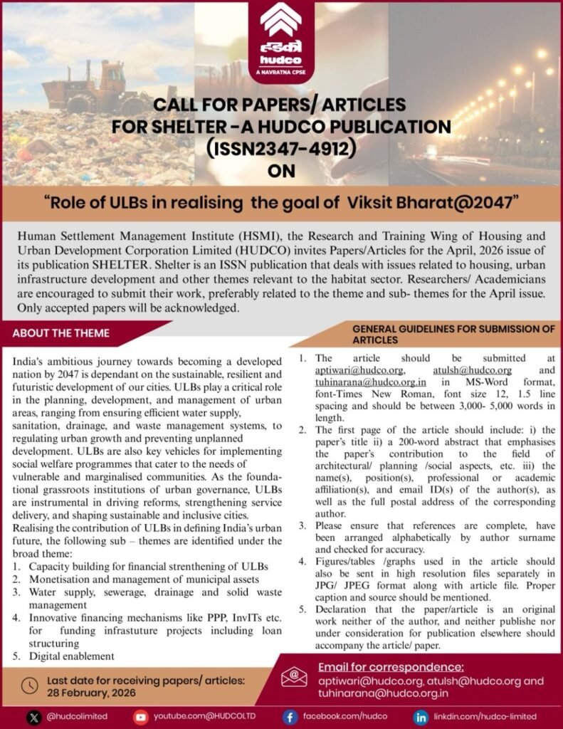 HUDCO calls for research papers on the role of Urban Local Bodies in achieving Viksit Bharat 2047 for SHELTER journal April 2026 issue