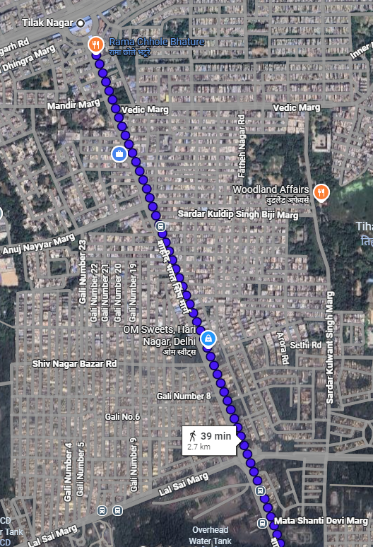 Map showing the 2-kilometre stretch of Jail Road connecting Tilak Nagar and Hari Nagar in West Delhi