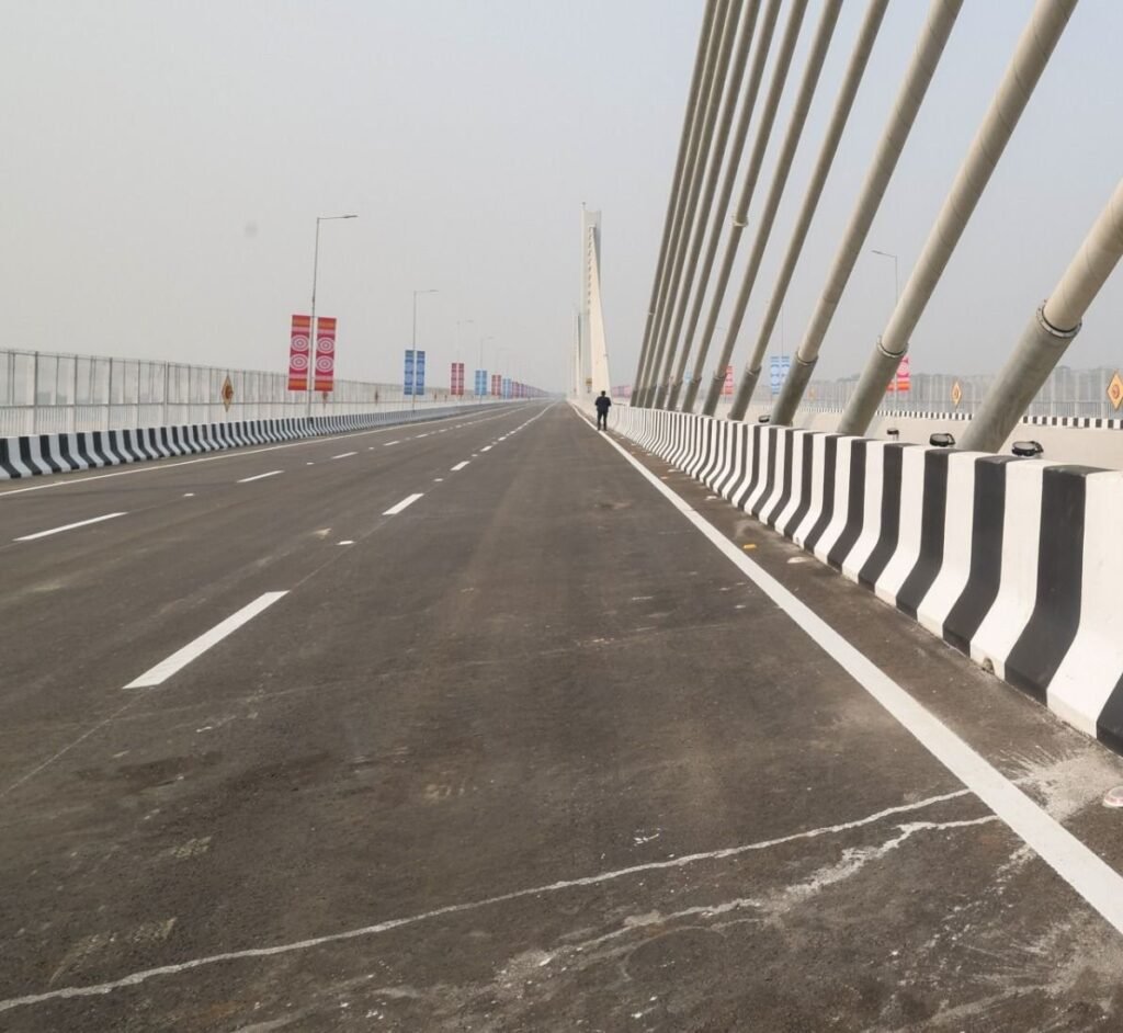 Newly inaugurated Kumar Bhaskar Varma Setu bridge deck across the Brahmaputra River in Guwahati