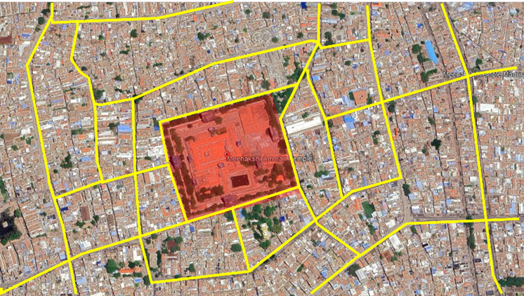 Satellite view of Madurai city showing concentric street planning around Meenakshi Amman Temple