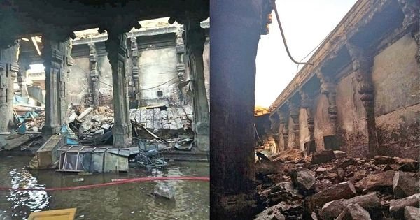 Fire damage inside Meenakshi Amman Temple mandapa showing collapsed stone beams and debris