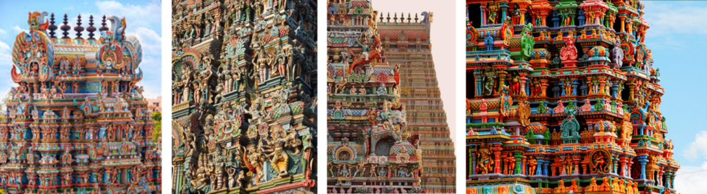 Colorful Dravidian gopuram sculptures of Meenakshi Temple depicting deities, mythological figures and ornamental carvings