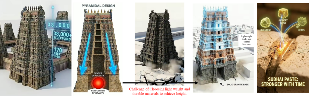 Structural analysis of Meenakshi Temple gopuram showing pyramidal design, low center of gravity, granite base and sudhai mortar materials