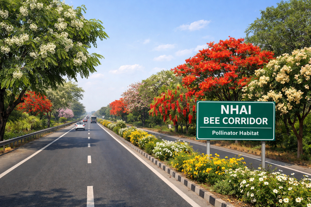 Flowering native trees planted under NHAI Bee Corridors initiative along National Highways in India