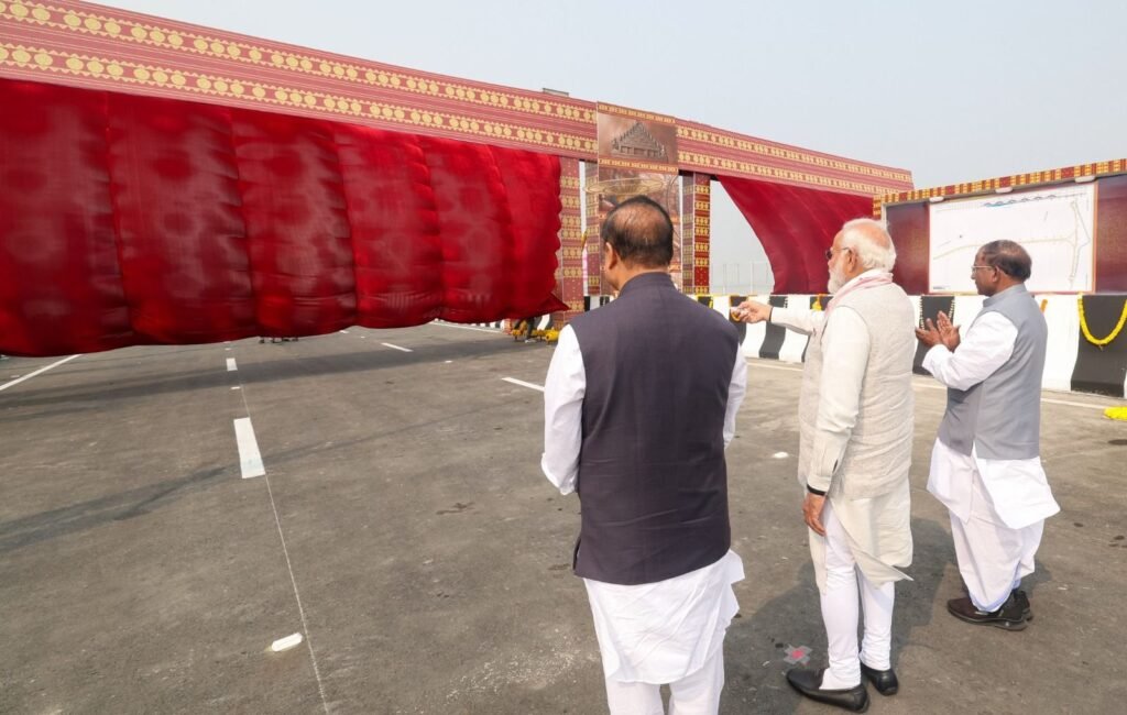 Prime Minister Narendra Modi inaugurating Kumar Bhaskar Varma Setu bridge in Guwahati on February 14, 2026