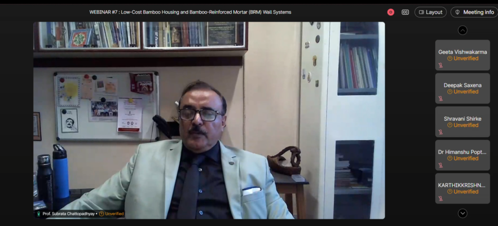 Prof. Subrata Chattopadhyay speaking during BMTPC Webinar on bamboo-based housing technology
