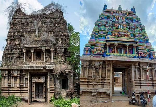 Temple gopuram before and after restoration showing structural conservation and reconstruction