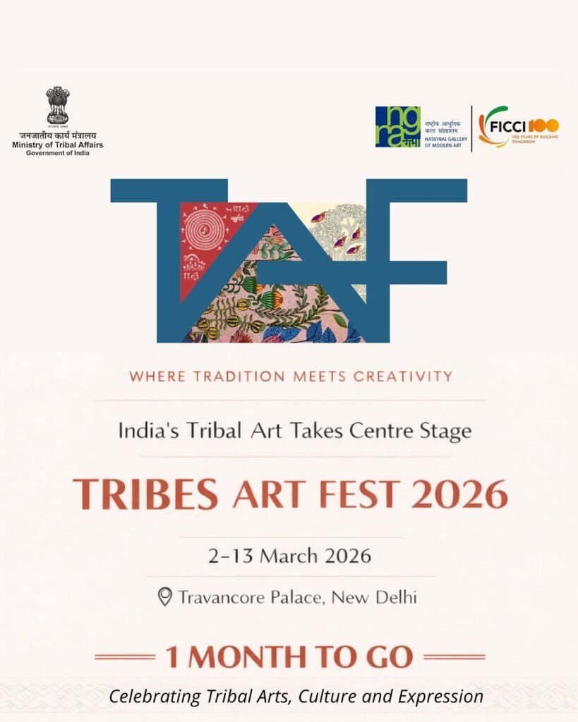 Poster of Tribes Art Fest 2026 at Travancore Palace, New Delhi celebrating India’s tribal art and culture
