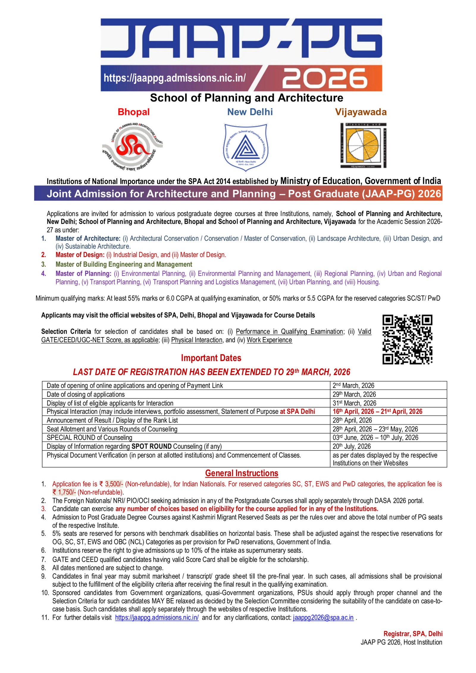 JAAP-PG 2026 Admissions Open for SPA Delhi, Bhopal, and Vijayawada; Registration Extended Till March 29