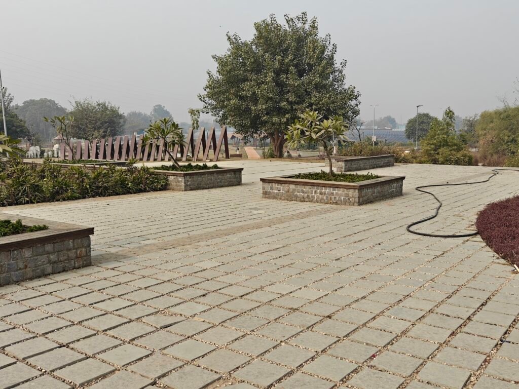 Public plaza and seating landscape at Baansera park Yamuna floodplain Delhi
