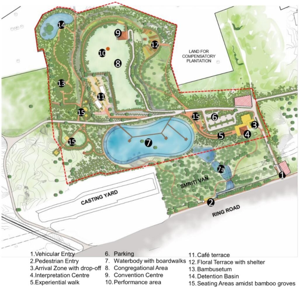 Landscape master plan layout of Baansera bamboo park on Yamuna floodplain Delhi