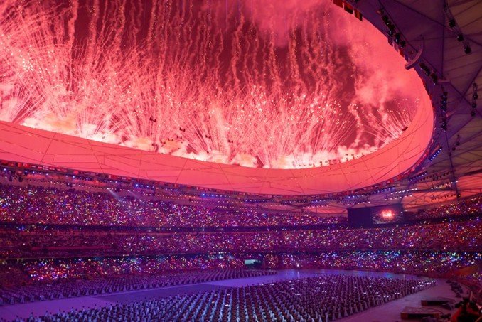 Bird’s Nest stadium Beijing Olympic opening ceremony fireworks night