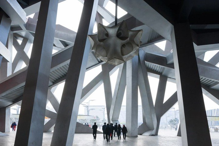 public space under Bird’s Nest stadium steel columns pedestrian movement