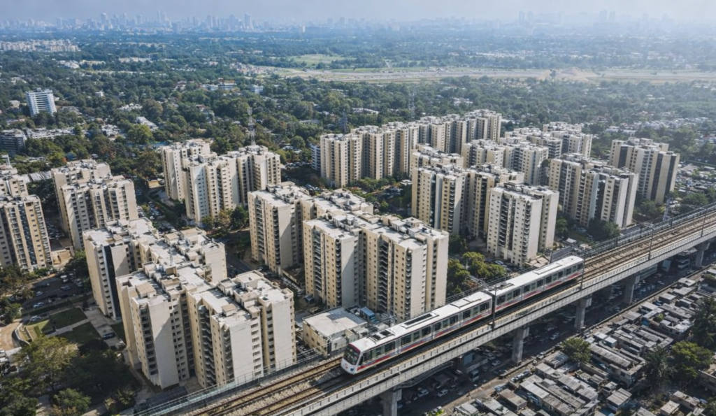 Aerial view of Delhi residential redevelopment and metro infrastructure representing the ₹33,500 crore development projects including GPRA housing and metro expansion.
