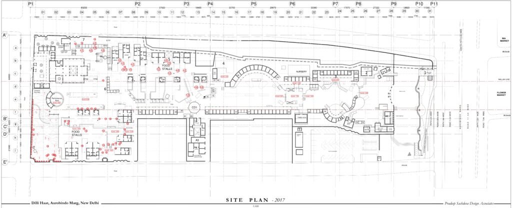 Dilli Haat INA site plan showing layout of craft stalls, food court, performance area and circulation in Delhi